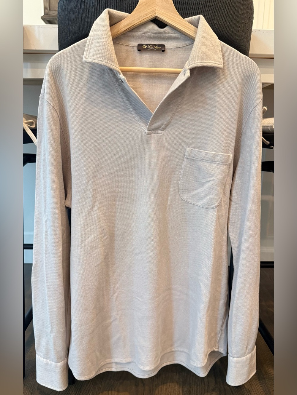 Loro Piaba Men's Long-Sleeve Polo Pocket Shirt in Light Beige